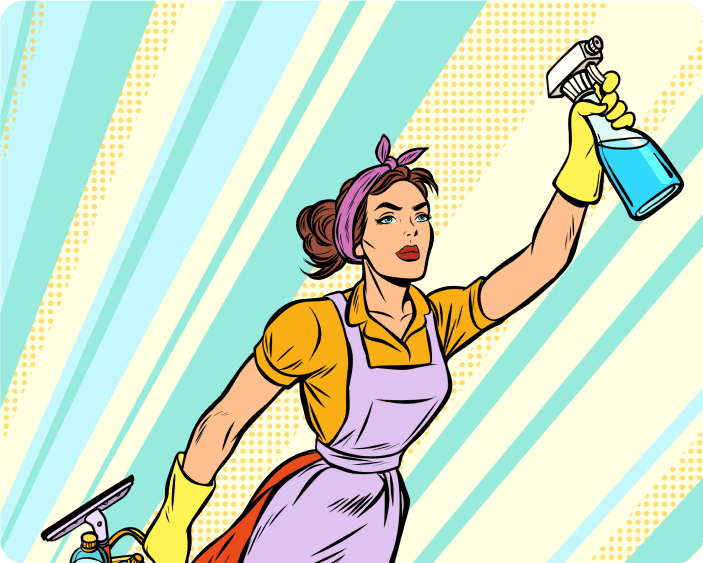 Comic-style illustration of a woman in cleaning attire striking a superhero pose