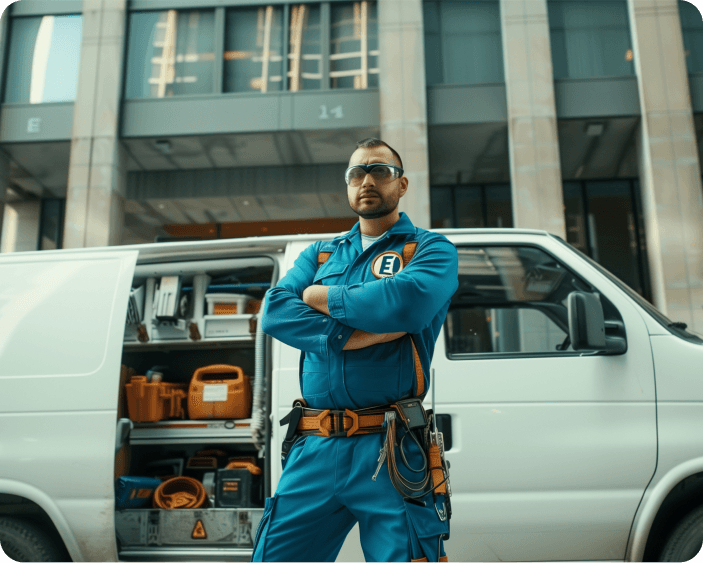 Electrician standing confidently next to a van with tools