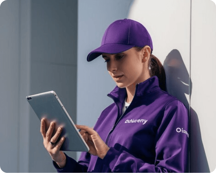 A service professional in purple working on an iPad.